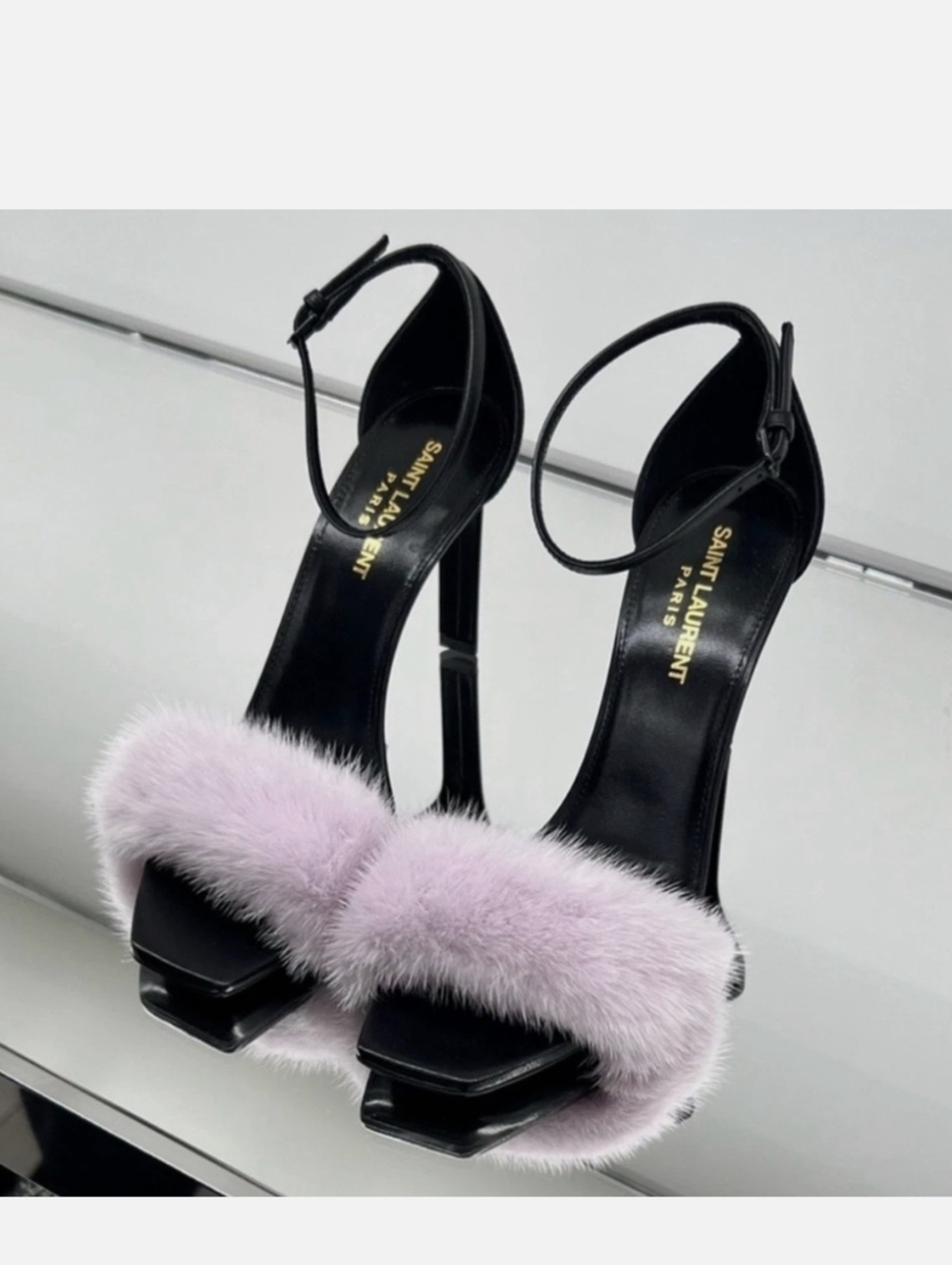 Saint Laurent Black Heels with Lilac Fur Strap - Picture 3 of 5